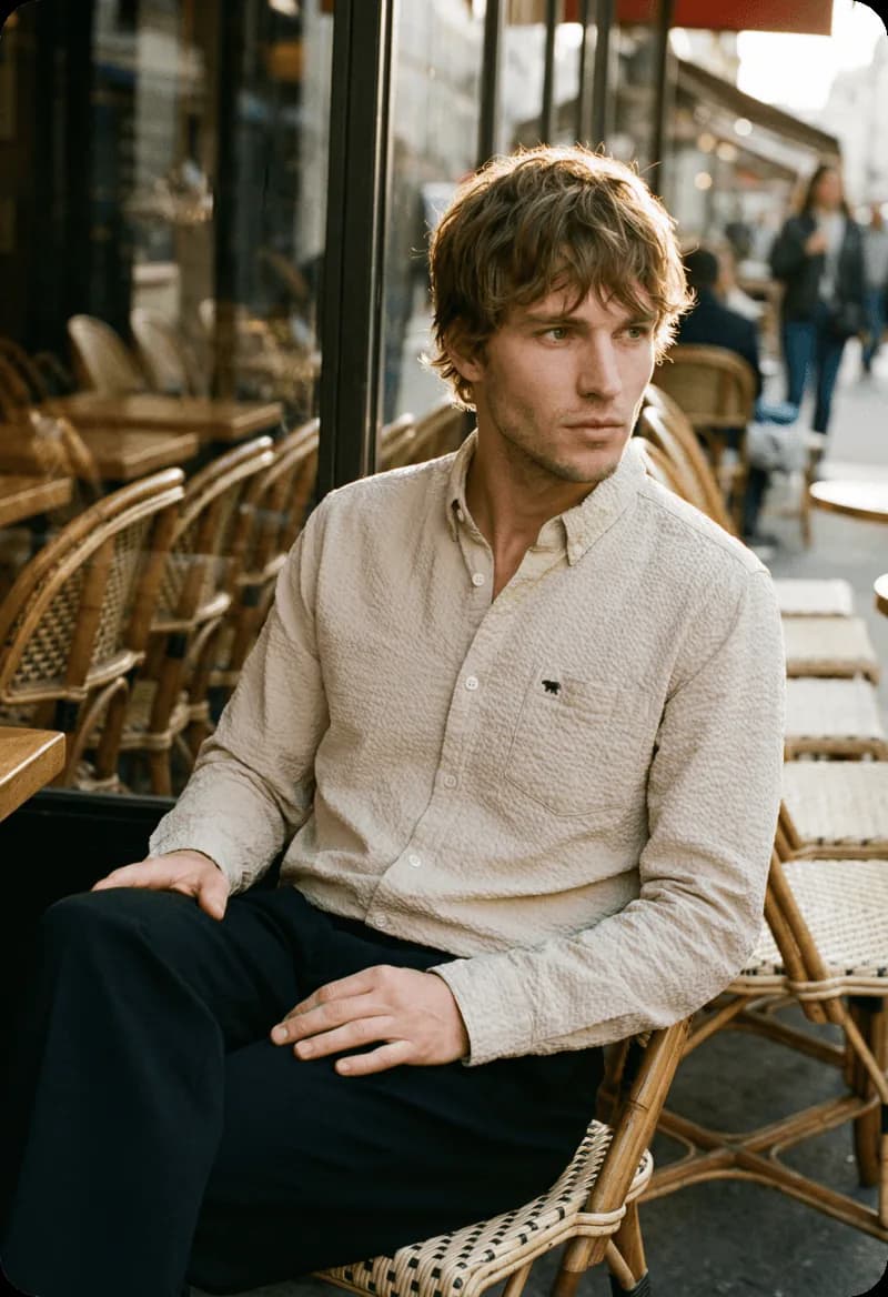 Man seated at a cafe in a lifestyle shot