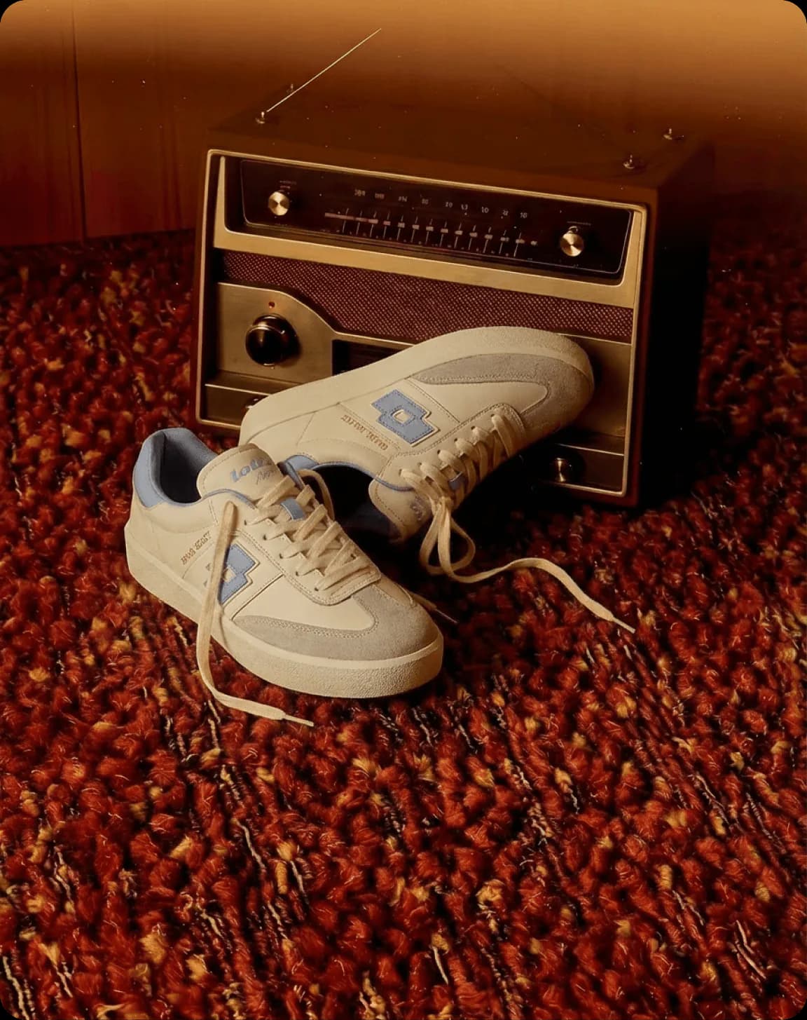Shoe flatlay with a retro radio prop